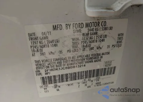 2011 Ford Edge Sel from USA, damaged, VIN 2FMDK3JC8BBB13214